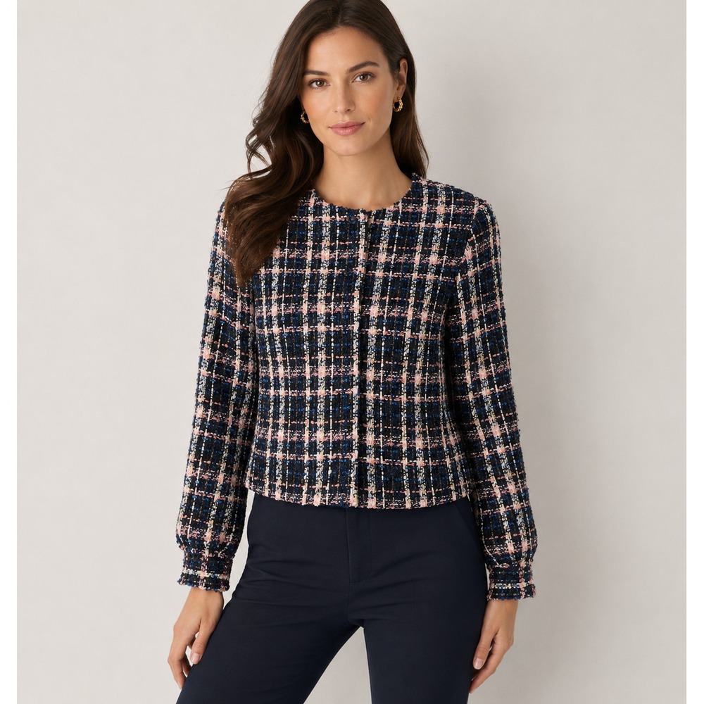 Ann Taylor Tweed Blazer Jacket Sz 2 Blue Crop Preppy Boxy Office Work Career